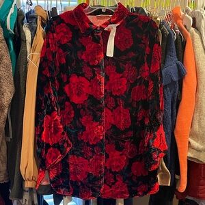 Soft Surroundings Velvet Top with Red and Black Floral Design